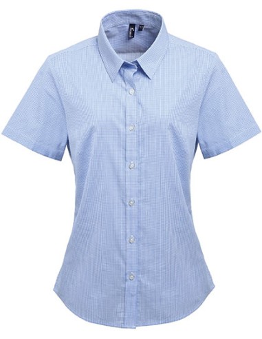 PRE-PR321-Womens Microcheck (Gingham) Short Sleeve Cotton Shirt